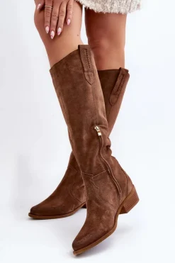 Zazoo Kozaki Wiosenne|Kozaki Przed Kolano*3427 Damskie Zamszowe Kozaki Kowbojki Brązowe