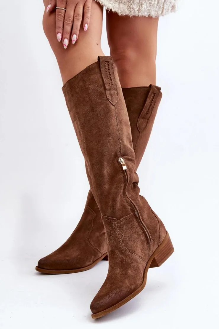 Zazoo Kozaki Wiosenne|Kozaki Przed Kolano*3427 Damskie Zamszowe Kozaki Kowbojki Brązowe