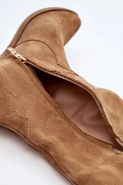 Damskie Zazoo 3427 Damskie Zamszowe Kozaki Kowbojki Beżowe