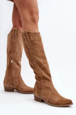 Damskie Zazoo 3427 Damskie Zamszowe Kozaki Kowbojki Beżowe