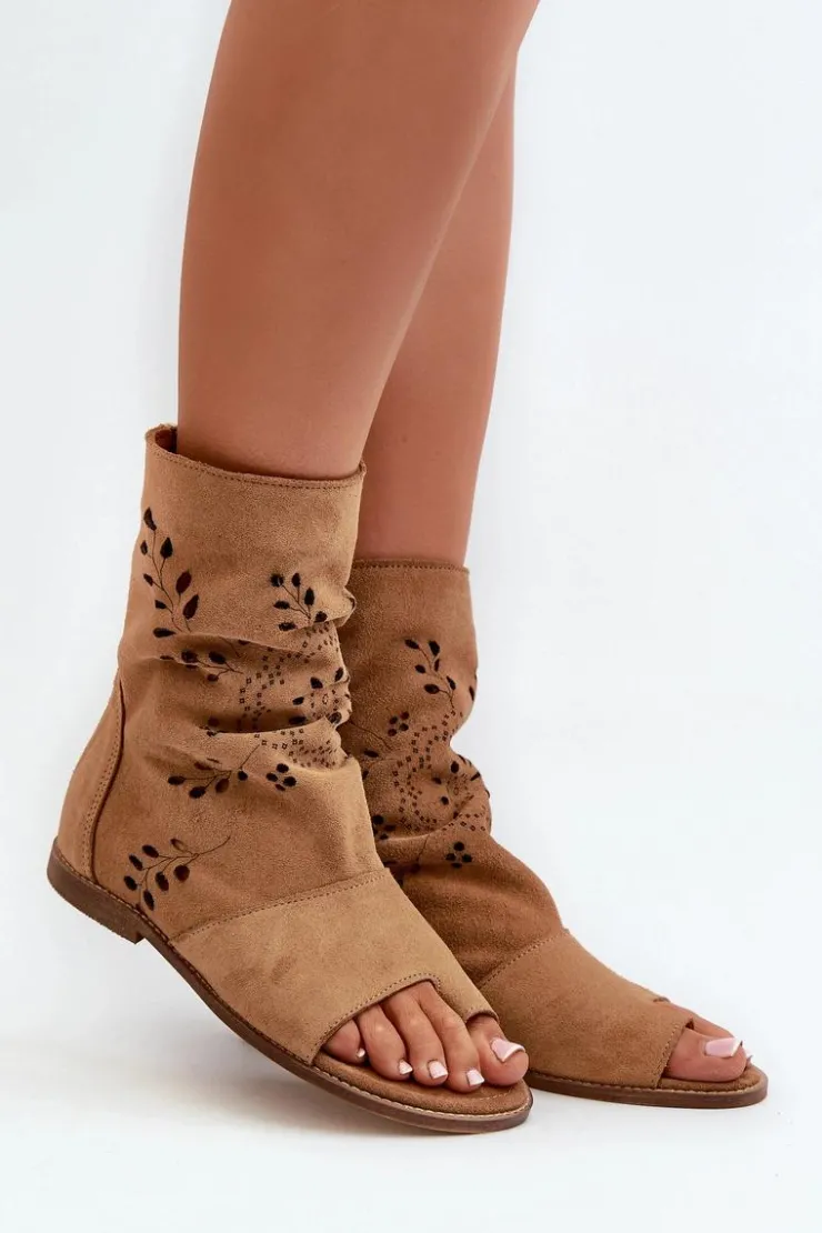 Damskie Boto Zazoo 3437 Damskie Zamszowe Sandały Z Cholewką Na Zamek Camel