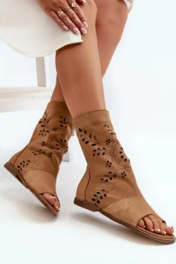 Damskie Boto Zazoo 3437 Damskie Zamszowe Sandały Z Cholewką Na Zamek Camel