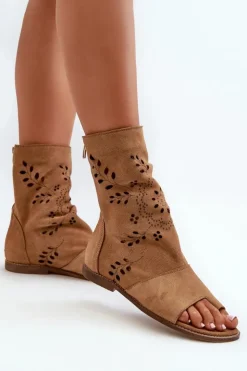 Damskie Boto Zazoo 3437 Damskie Zamszowe Sandały Z Cholewką Na Zamek Camel