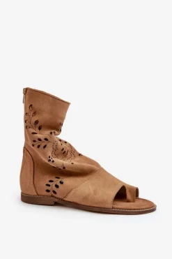 Damskie Boto Zazoo 3437 Damskie Zamszowe Sandały Z Cholewką Na Zamek Camel