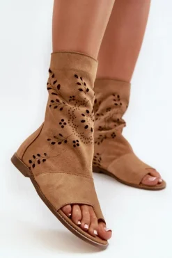 Damskie Boto Zazoo 3437 Damskie Zamszowe Sandały Z Cholewką Na Zamek Camel