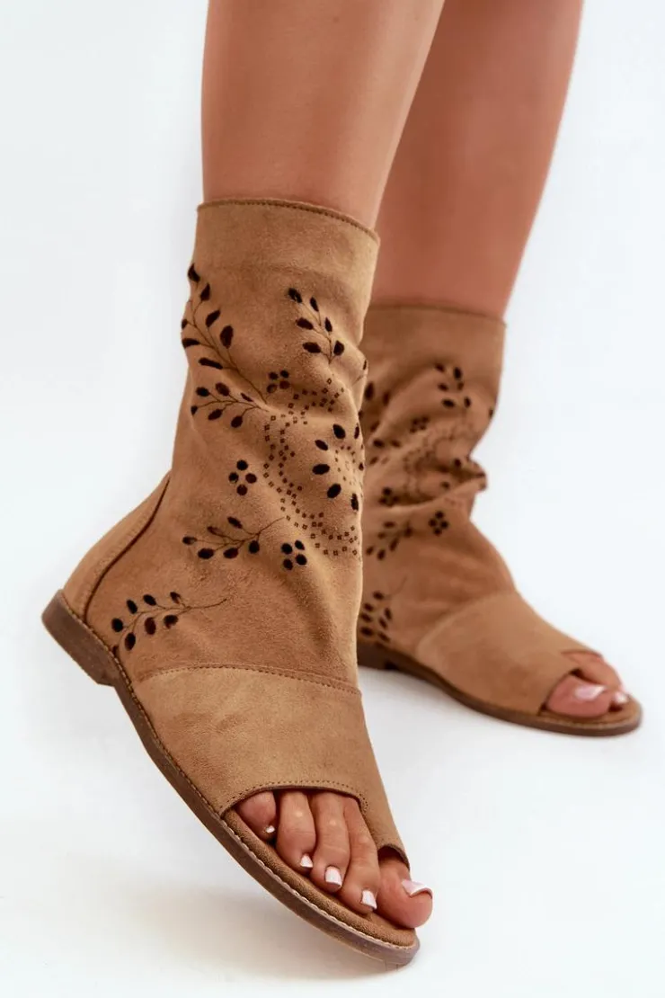 Damskie Boto Zazoo 3437 Damskie Zamszowe Sandały Z Cholewką Na Zamek Camel