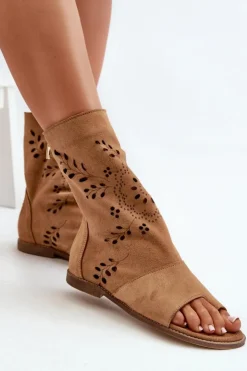 Damskie Boto Zazoo 3437 Damskie Zamszowe Sandały Z Cholewką Na Zamek Camel