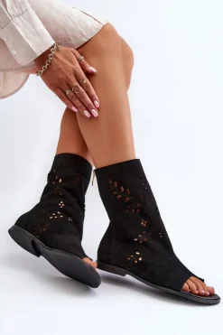 Outlet Boto Zazoo 3437 Damskie Zamszowe Sandały Z Cholewką Na Zamek Czarne Czarny