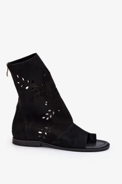 Outlet Boto Zazoo 3437 Damskie Zamszowe Sandały Z Cholewką Na Zamek Czarne Czarny