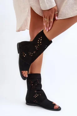 Outlet Boto Zazoo 3437 Damskie Zamszowe Sandały Z Cholewką Na Zamek Czarne Czarny