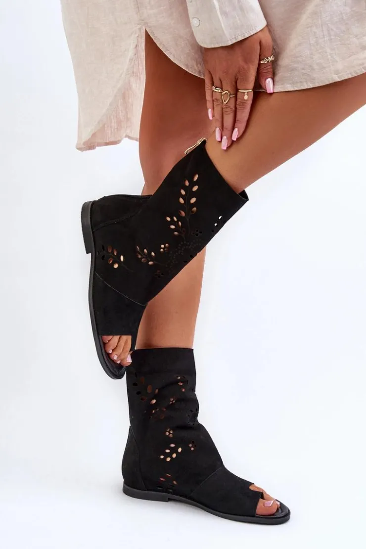 Outlet Boto Zazoo 3437 Damskie Zamszowe Sandały Z Cholewką Na Zamek Czarne Czarny