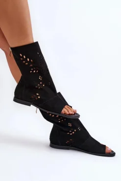 Outlet Boto Zazoo 3437 Damskie Zamszowe Sandały Z Cholewką Na Zamek Czarne Czarny