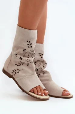 Boto Sandały Z Cholewką|Sandały Płaskie*Zazoo 3437 Damskie Zamszowe Sandały Z Cholewką Na Zamek Jasnobeżowe Beżowy