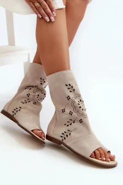 Boto Sandały Z Cholewką|Sandały Płaskie*Zazoo 3437 Damskie Zamszowe Sandały Z Cholewką Na Zamek Jasnobeżowe Beżowy