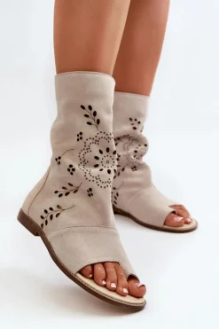 Boto Sandały Z Cholewką|Sandały Płaskie*Zazoo 3437 Damskie Zamszowe Sandały Z Cholewką Na Zamek Jasnobeżowe Beżowy