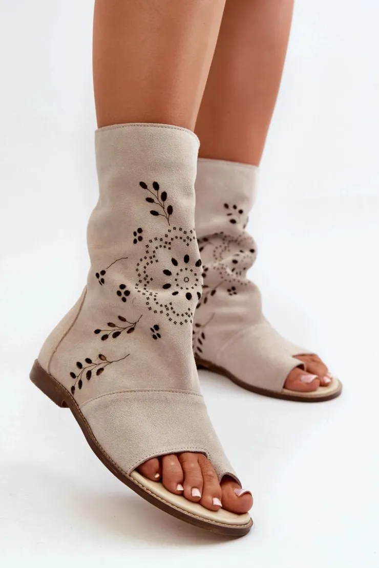 Boto Sandały Z Cholewką|Sandały Płaskie*Zazoo 3437 Damskie Zamszowe Sandały Z Cholewką Na Zamek Jasnobeżowe Beżowy