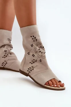 Boto Sandały Z Cholewką|Sandały Płaskie*Zazoo 3437 Damskie Zamszowe Sandały Z Cholewką Na Zamek Jasnobeżowe Beżowy