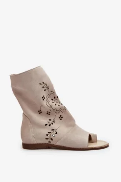 Boto Sandały Z Cholewką|Sandały Płaskie*Zazoo 3437 Damskie Zamszowe Sandały Z Cholewką Na Zamek Jasnobeżowe Beżowy