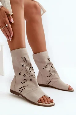 Boto Sandały Z Cholewką|Sandały Płaskie*Zazoo 3437 Damskie Zamszowe Sandały Z Cholewką Na Zamek Jasnobeżowe Beżowy