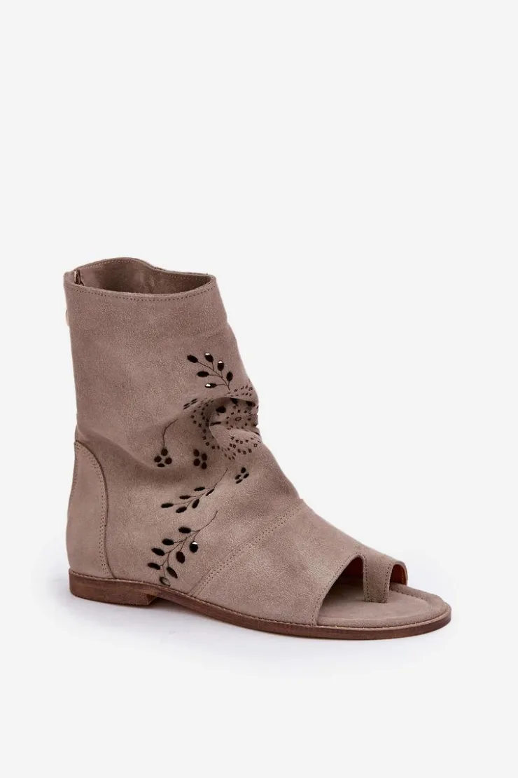 Boto Sandały Z Cholewką|Sandały Płaskie*Zazoo 3437 Damskie Zamszowe Sandały Z Cholewką Na Zamek Beżowe Beżowy