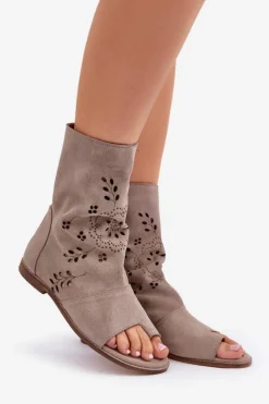 Boto Sandały Z Cholewką|Sandały Płaskie*Zazoo 3437 Damskie Zamszowe Sandały Z Cholewką Na Zamek Beżowe Beżowy