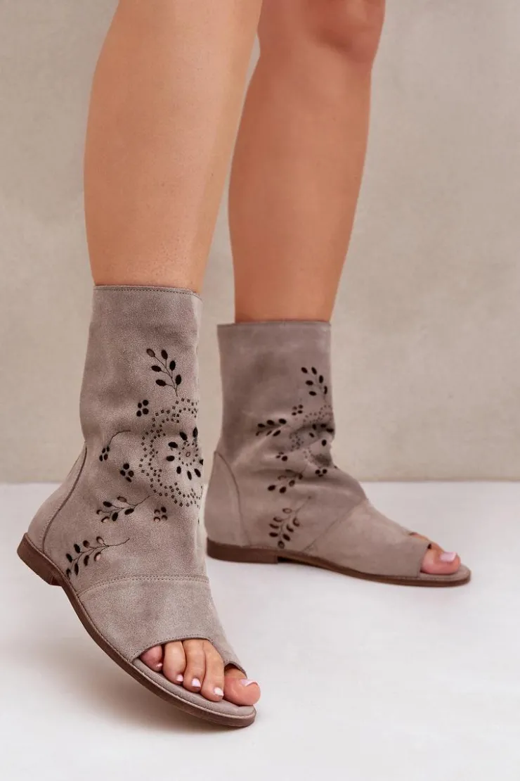 Boto Sandały Z Cholewką|Sandały Płaskie*Zazoo 3437 Damskie Zamszowe Sandały Z Cholewką Na Zamek Beżowe Beżowy