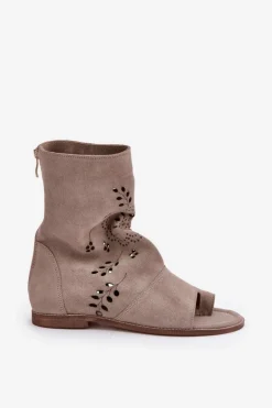 Boto Sandały Z Cholewką|Sandały Płaskie*Zazoo 3437 Damskie Zamszowe Sandały Z Cholewką Na Zamek Beżowe Beżowy