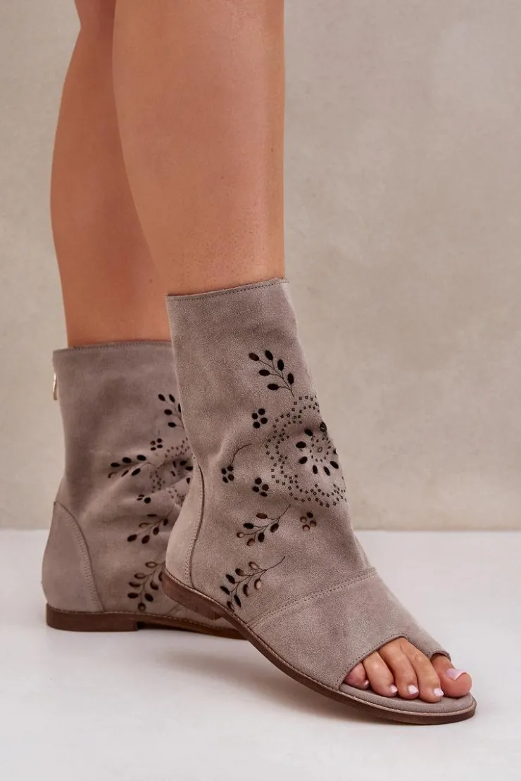 Boto Sandały Z Cholewką|Sandały Płaskie*Zazoo 3437 Damskie Zamszowe Sandały Z Cholewką Na Zamek Beżowe Beżowy