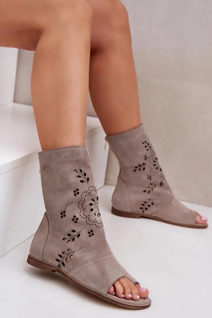 Boto Sandały Z Cholewką|Sandały Płaskie*Zazoo 3437 Damskie Zamszowe Sandały Z Cholewką Na Zamek Beżowe Beżowy