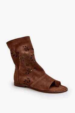 Damskie Boto Zazoo 3437 Damskie Zamszowe Sandały Z Cholewką Na Zamek Brązowe