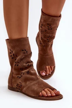 Damskie Boto Zazoo 3437 Damskie Zamszowe Sandały Z Cholewką Na Zamek Brązowe