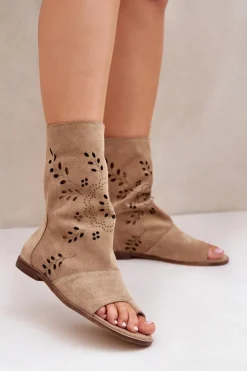 Damskie Boto Zazoo 3437 Damskie Zamszowe Sandały Z Cholewką Na Zamek Beżowe