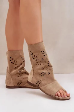 Damskie Boto Zazoo 3437 Damskie Zamszowe Sandały Z Cholewką Na Zamek Beżowe