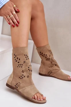 Damskie Boto Zazoo 3437 Damskie Zamszowe Sandały Z Cholewką Na Zamek Beżowe