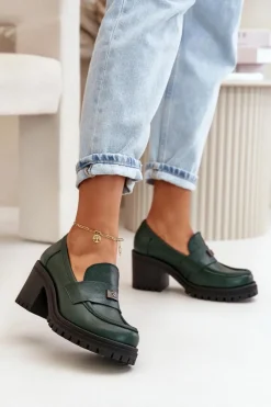 Zazoo Półbuty Skórzane*20168 Eleganckie Półbuty Damskie Na Słupku Skóra Naturalna Ciemnozielone Zielony