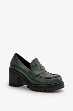 Zazoo Półbuty Skórzane*20168 Eleganckie Półbuty Damskie Na Słupku Skóra Naturalna Ciemnozielone Zielony