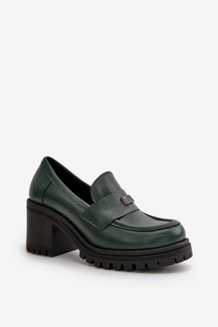 Zazoo Półbuty Skórzane*20168 Eleganckie Półbuty Damskie Na Słupku Skóra Naturalna Ciemnozielone Zielony