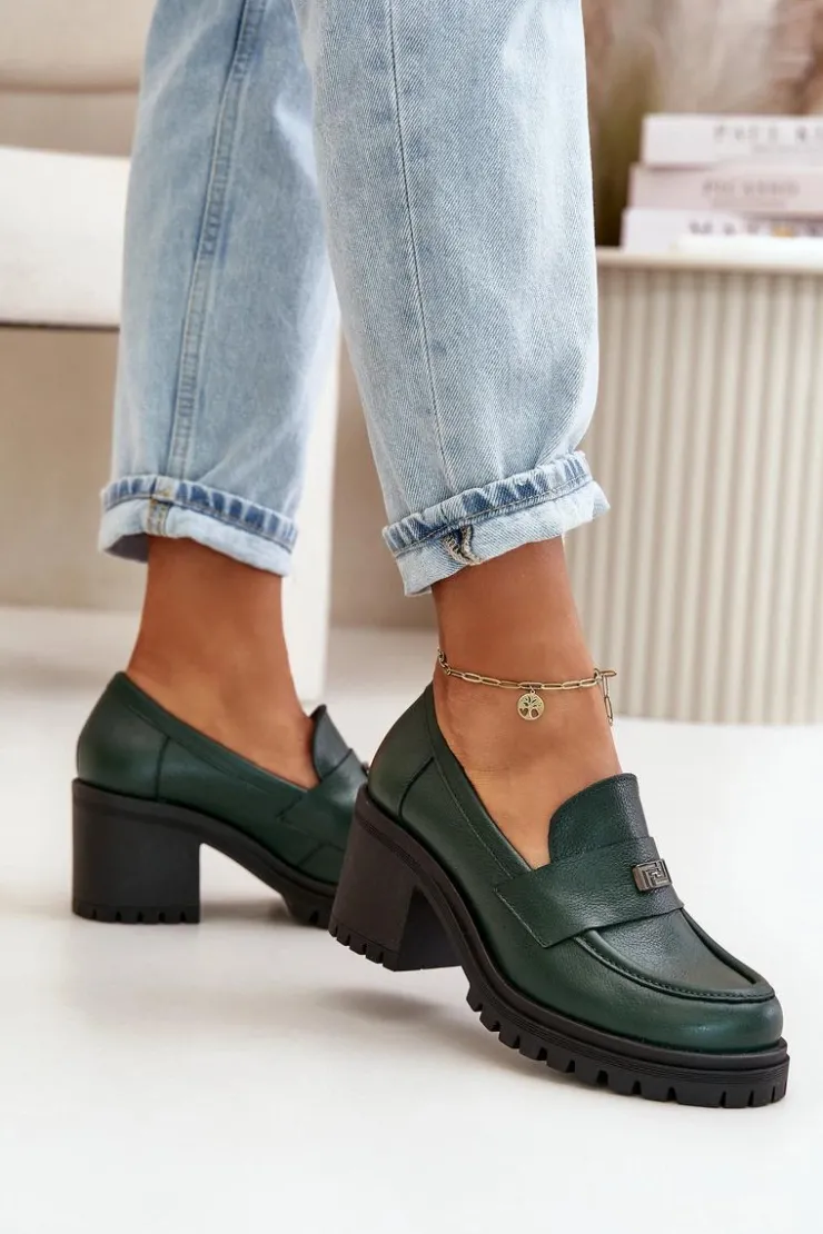 Zazoo Półbuty Skórzane*20168 Eleganckie Półbuty Damskie Na Słupku Skóra Naturalna Ciemnozielone Zielony