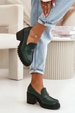 Zazoo Półbuty Skórzane*20168 Eleganckie Półbuty Damskie Na Słupku Skóra Naturalna Ciemnozielone Zielony