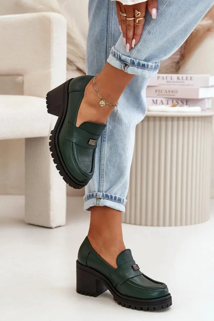 Zazoo Półbuty Skórzane*20168 Eleganckie Półbuty Damskie Na Słupku Skóra Naturalna Ciemnozielone Zielony