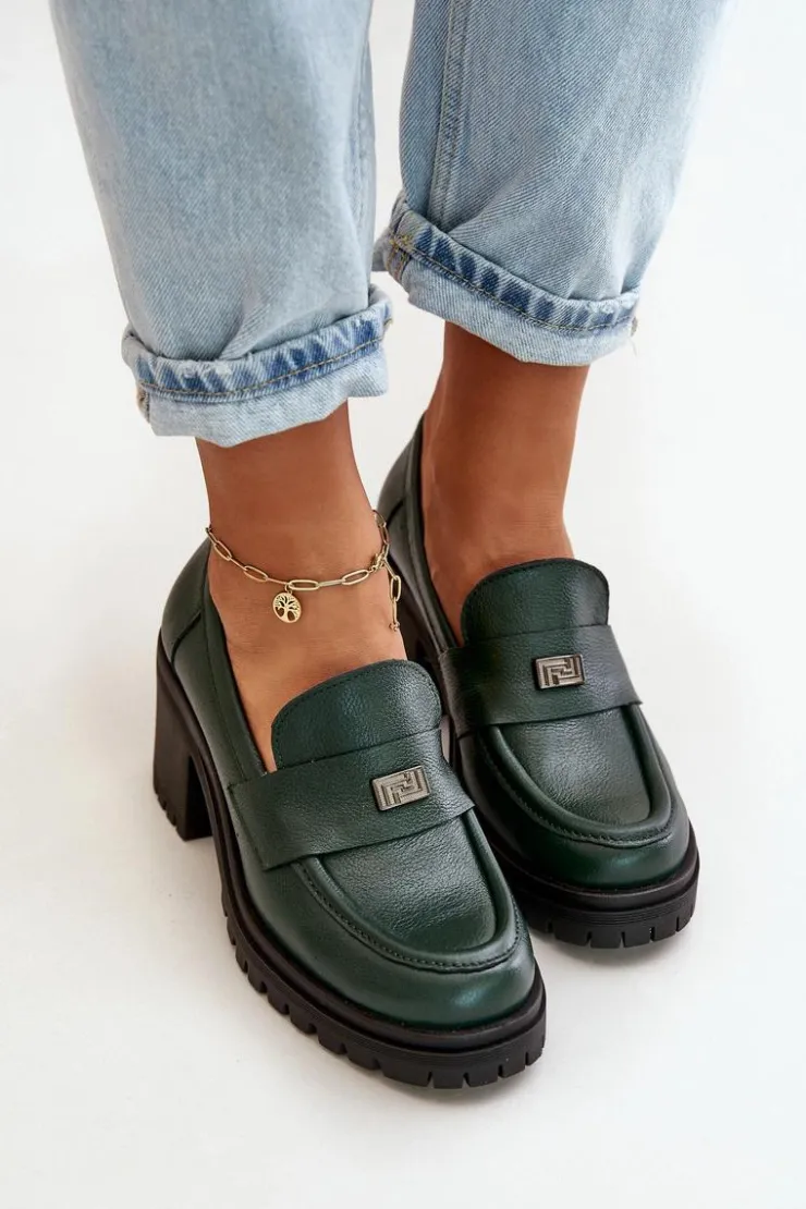 Zazoo Półbuty Skórzane*20168 Eleganckie Półbuty Damskie Na Słupku Skóra Naturalna Ciemnozielone Zielony