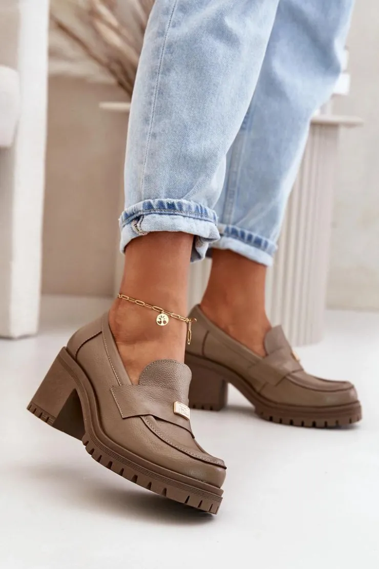 Sale Zazoo 20168 Eleganckie Półbuty Damskie Na Słupku Skóra Naturalna Ciemnobeżowe Beżowy