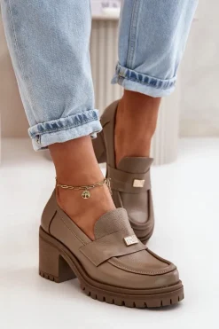 Sale Zazoo 20168 Eleganckie Półbuty Damskie Na Słupku Skóra Naturalna Ciemnobeżowe Beżowy