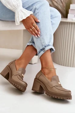 Sale Zazoo 20168 Eleganckie Półbuty Damskie Na Słupku Skóra Naturalna Ciemnobeżowe Beżowy