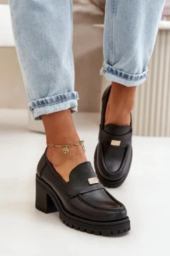 Zazoo Półbuty Skórzane*20168 Eleganckie Półbuty Damskie Na Słupku Skóra Naturalna Czarne Czarny