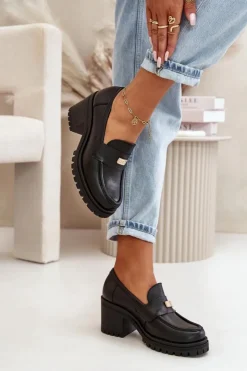 Zazoo Półbuty Skórzane*20168 Eleganckie Półbuty Damskie Na Słupku Skóra Naturalna Czarne Czarny