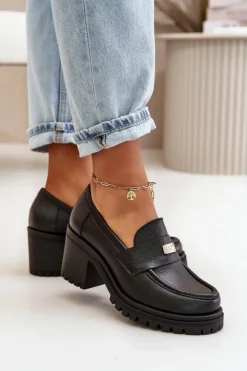 Zazoo Półbuty Skórzane*20168 Eleganckie Półbuty Damskie Na Słupku Skóra Naturalna Czarne Czarny