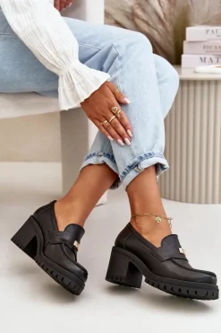 Zazoo Półbuty Skórzane*20168 Eleganckie Półbuty Damskie Na Słupku Skóra Naturalna Czarne Czarny