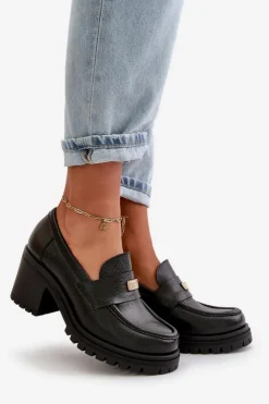 Zazoo Półbuty Skórzane*20168 Eleganckie Półbuty Damskie Na Słupku Skóra Naturalna Czarne Czarny