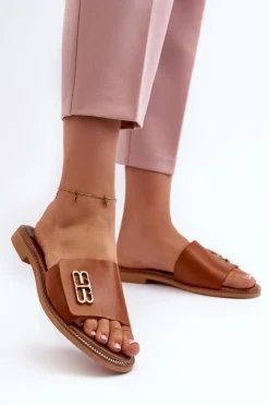 Zazoo Klapki Damskie Klasyczne*40384 Eleganckie Skórzane Klapki Damskie Brązowe